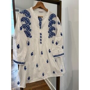 Boho White Embroidered Cotton Tunic Swim Cover Mini Dress Blue Paisley Print S/M